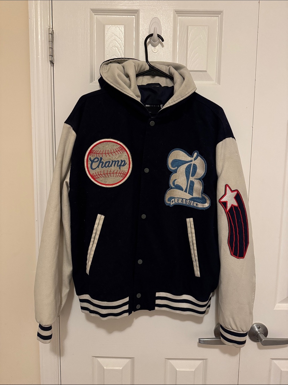 ASOS DESIGN Oversized Hooded Varsity Bomber Jacket | Navy | M